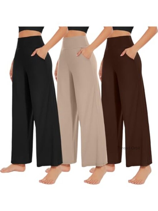 Pants - Women's High Waist Wide Leg Sweatpants 3-Pack with Pockets Lounge Yoga Palazzo